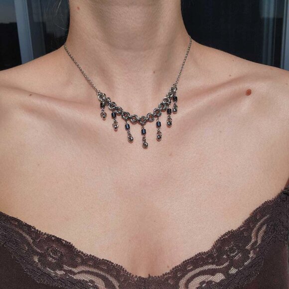 Hand Crafted Jewelry - Gothic silver hematite chandelier necklace with a small silver chain